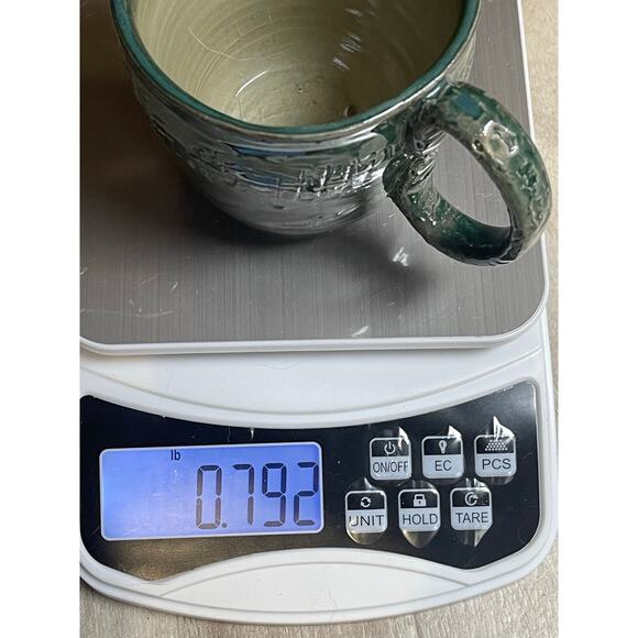 Studio Pottery Mug Green Sgraffito Handmade Stoneware Signed CR 12oz - Picture 5 of 7